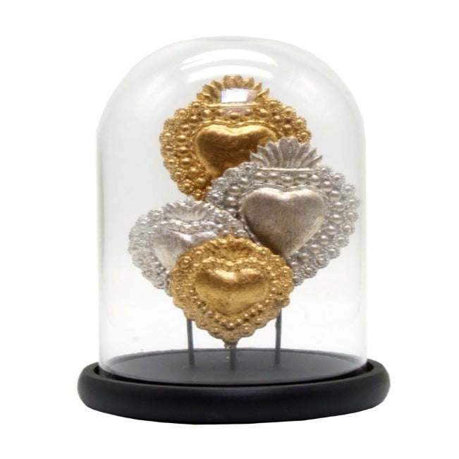 glass cloche with gold and silver hearts on round black base | Haus of Bazar | sydney homewares