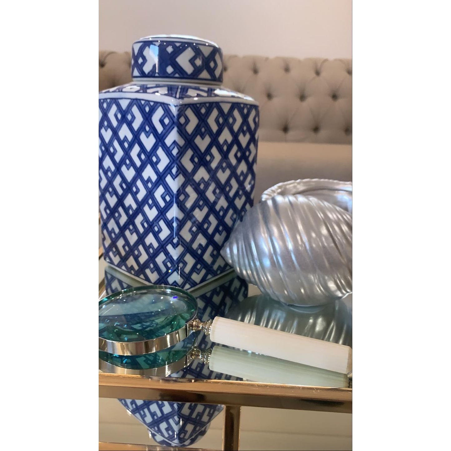 Society Home Eleanor Magnifying Glass Stripe | Magnifying Glass With Cream Handle | Magnifying Glass With Cream Striped Handle | Magnifying Glass Styled With Ceramic Jar And Shell | Haus Of Bazar | Sydney