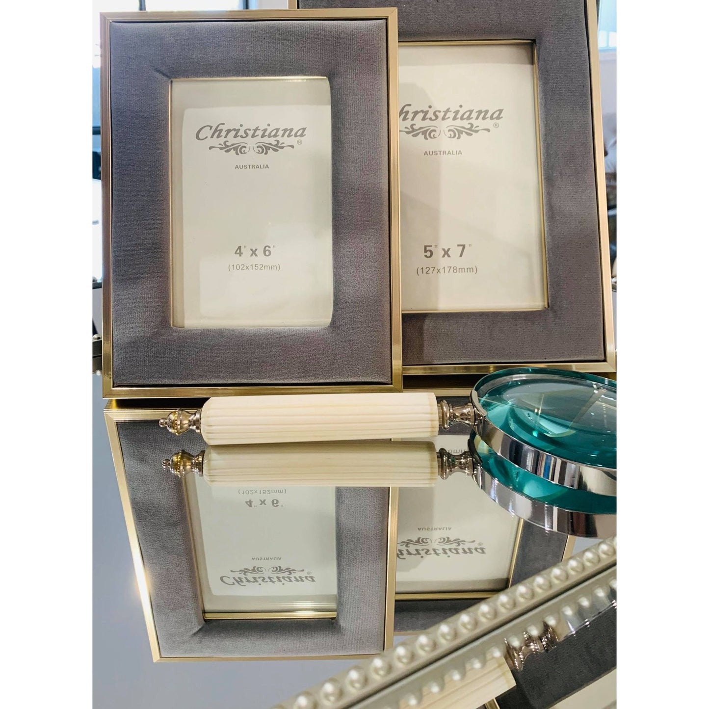 Society Home Eleanor Magnifying Glass Stripe | Magnifying Glass With Cream Handle | Magnifying Glass With Cream Striped Handle | Magnifying Glass Styled With Photo Frame | Haus Of Bazar | Sydney