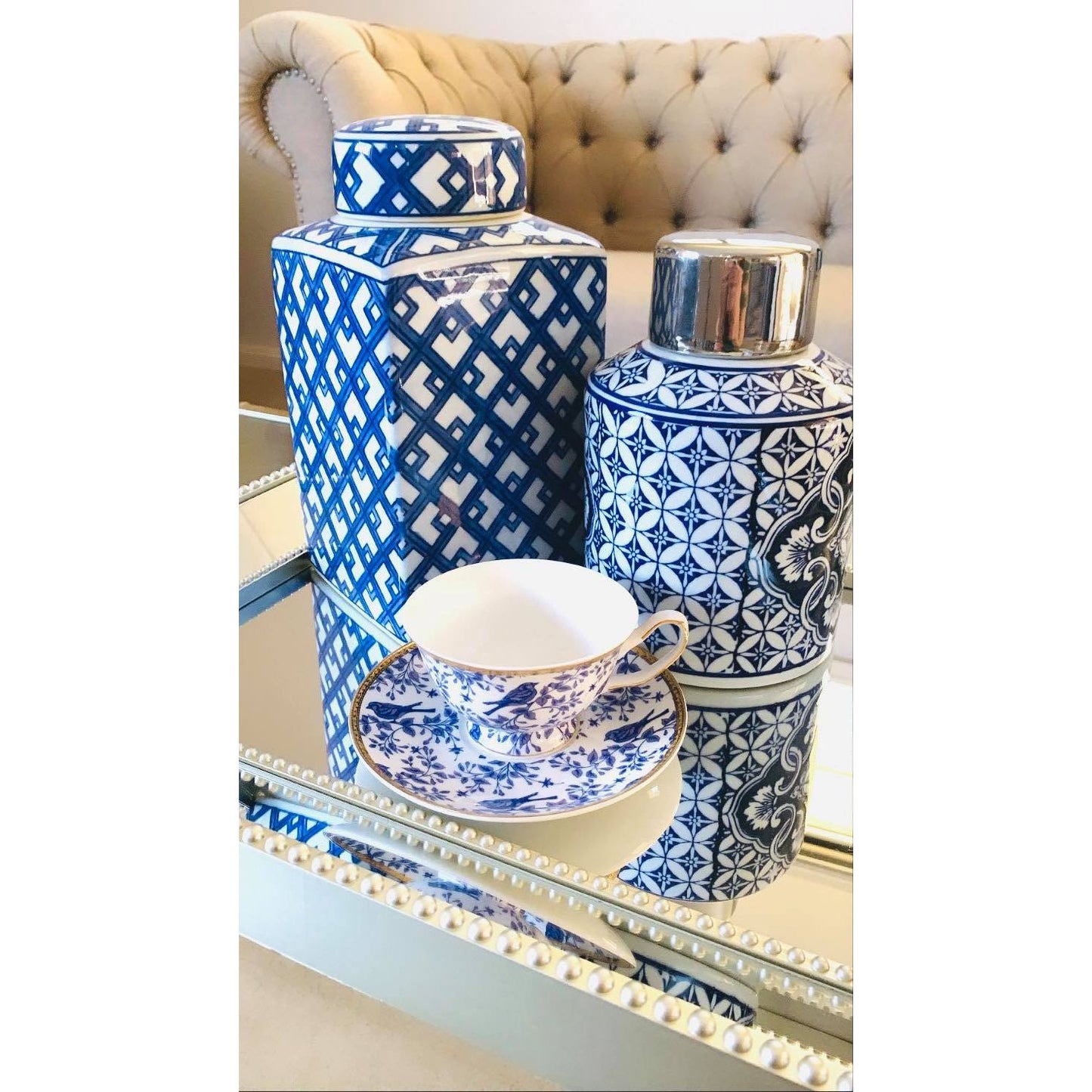 Blue And White Tea Cup And Saucer | Blue And White Tea Cup With Blue Bird Design | Blue And White Tea Cup With Gold Detailing | Blue And White Tea Cup Styled On Mirror Tray | Haus Of Bazar | Sydney