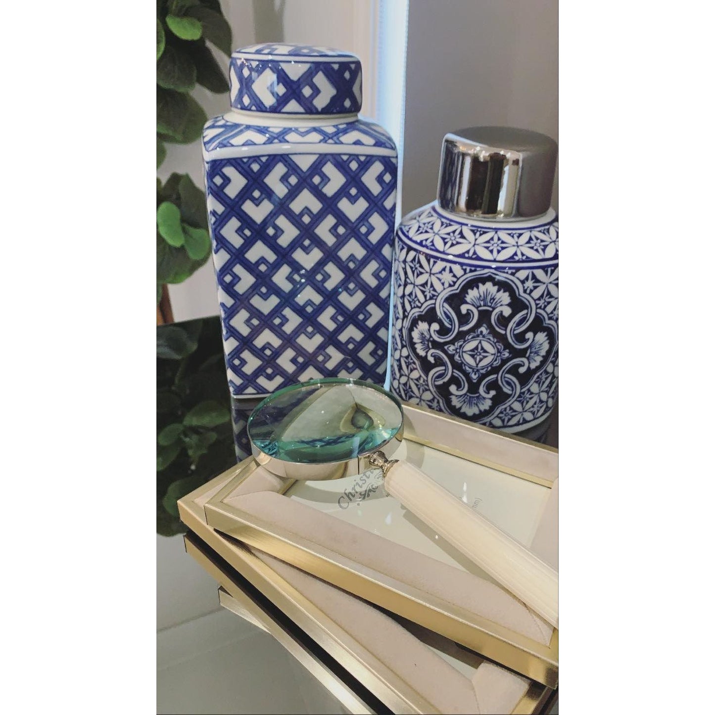 Society Home Eleanor Magnifying Glass Stripe | Magnifying Glass With Cream Handle | Magnifying Glass With Cream Striped Handle | Magnifying Glass Styled With Ceramic Jar And Photo Frame | Haus Of Bazar | Sydney