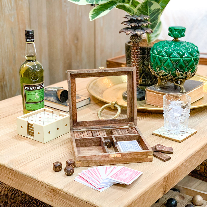 Antique Wood Carlos Game Set | Antique Wood Game Box | Wooden Game Box Dominos Playing Cards | Console Table Styling | Haus Of Bazar | Sydney