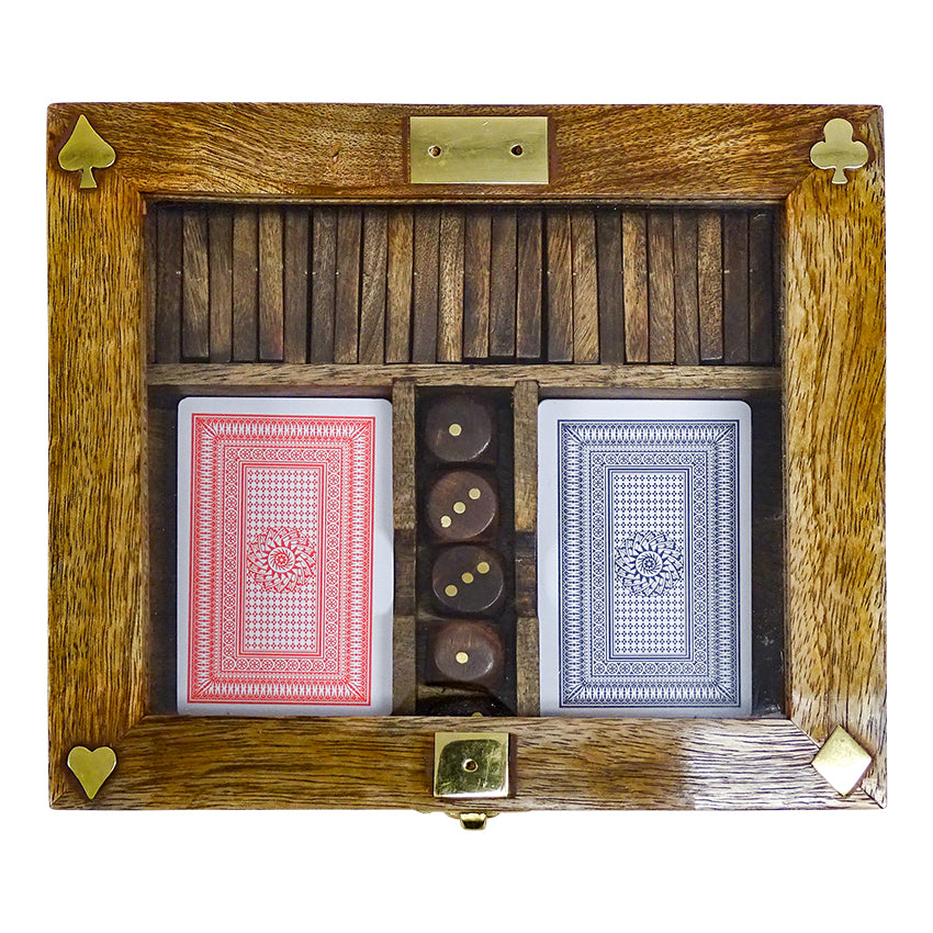 Antique Wood Carlos Game Set | Antique Wood Game Box | Wooden Game Box Dominos Playing Cards | Haus Of Bazar | Sydney