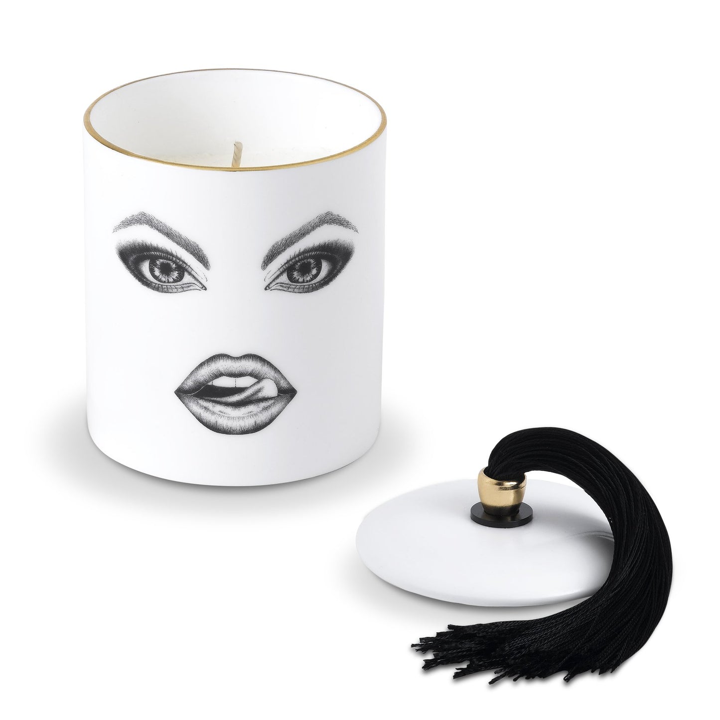 The Provocateur Scented Candle | White Fine China Scented Candle | White Fine China Candle With Gold Detail | White Fine China Candle With Womans Face | The Provocateur Candle With Lid Off | Haus Of Bazar | Sydney