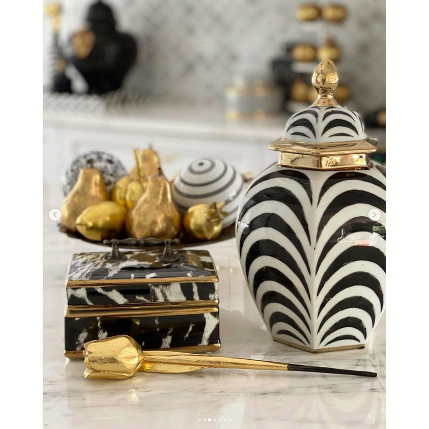 Zebra Print Ginger Jar/Canister | Ceramic Zebra Print Jar | Ceramic Zebra Print Jar With Gold Detail | Ceramic Ginger Jar | Zebra Print Jar With Gold | Haus Of Bazar | Sydney STYLED ON KITCHEN BENCH