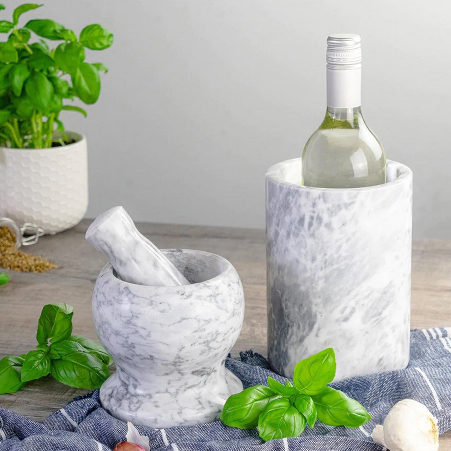 White and Grey Marble wine bottle chiller/ Marble Vase |  Haus of Bazar | Sydney 