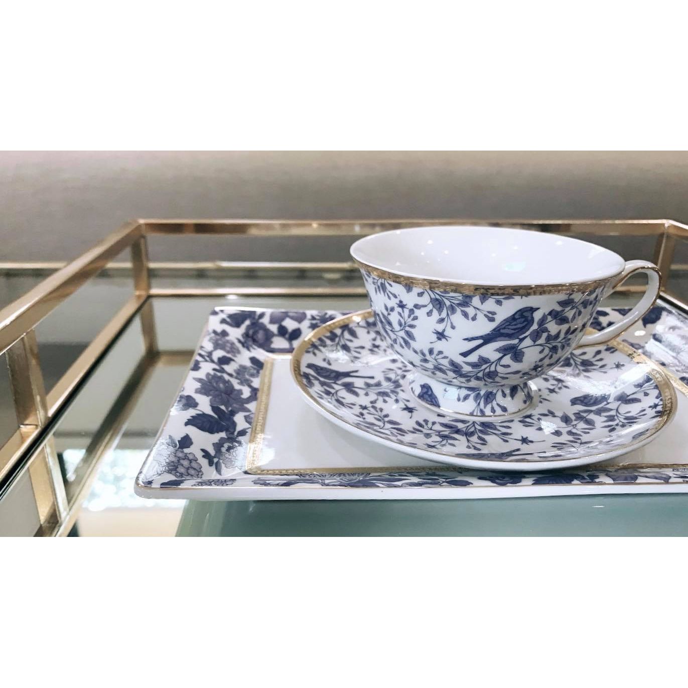 Blue And White Tea Cup And Saucer | Blue And White Tea Cup With Blue Bird Design | Blue And White Tea Cup With Gold Detailing | Blue And White Tea Cup Styled On Mirror Tray | Haus Of Bazar | Sydney