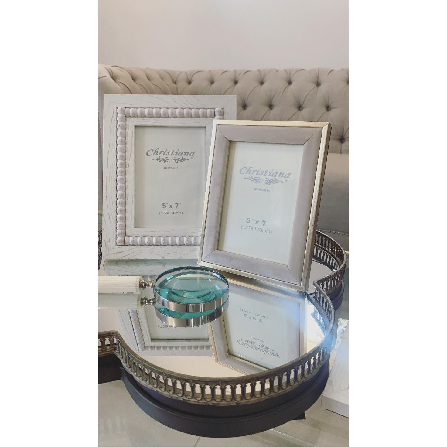 Gold And Velvet Beige Photo Frame | Beige Velvet And Gold Photo Frame | Beige And Gold Photo Frame | Luxury Photo Frame | Beige And Gold Photo Frame Styled On Clove Mirror Tray | Haus Of Bazar | Sydney