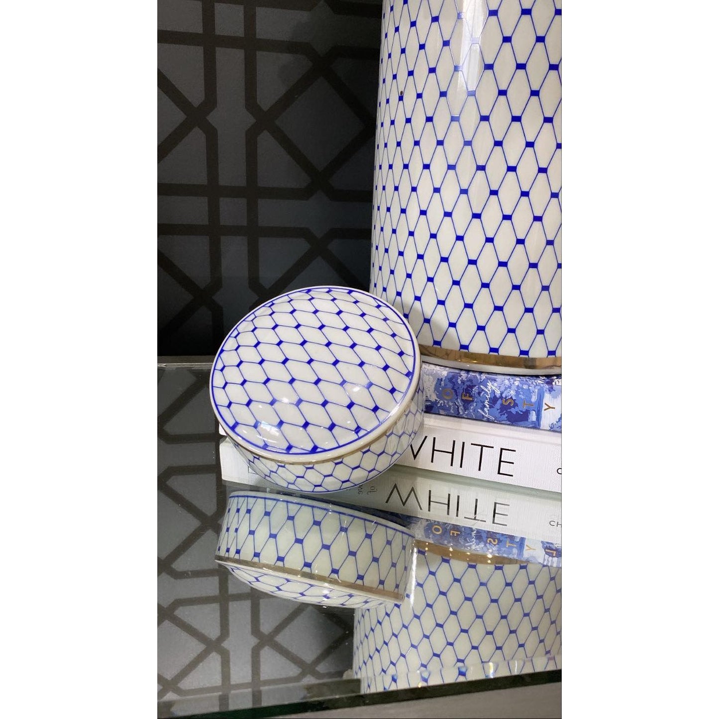 Hamptons Glam Blue/White/Gold Ceramic Ginger Jar | Ceramic Jar with Gold | Blue and White Ceramic Jar | Haus Of Bazar | Sydney