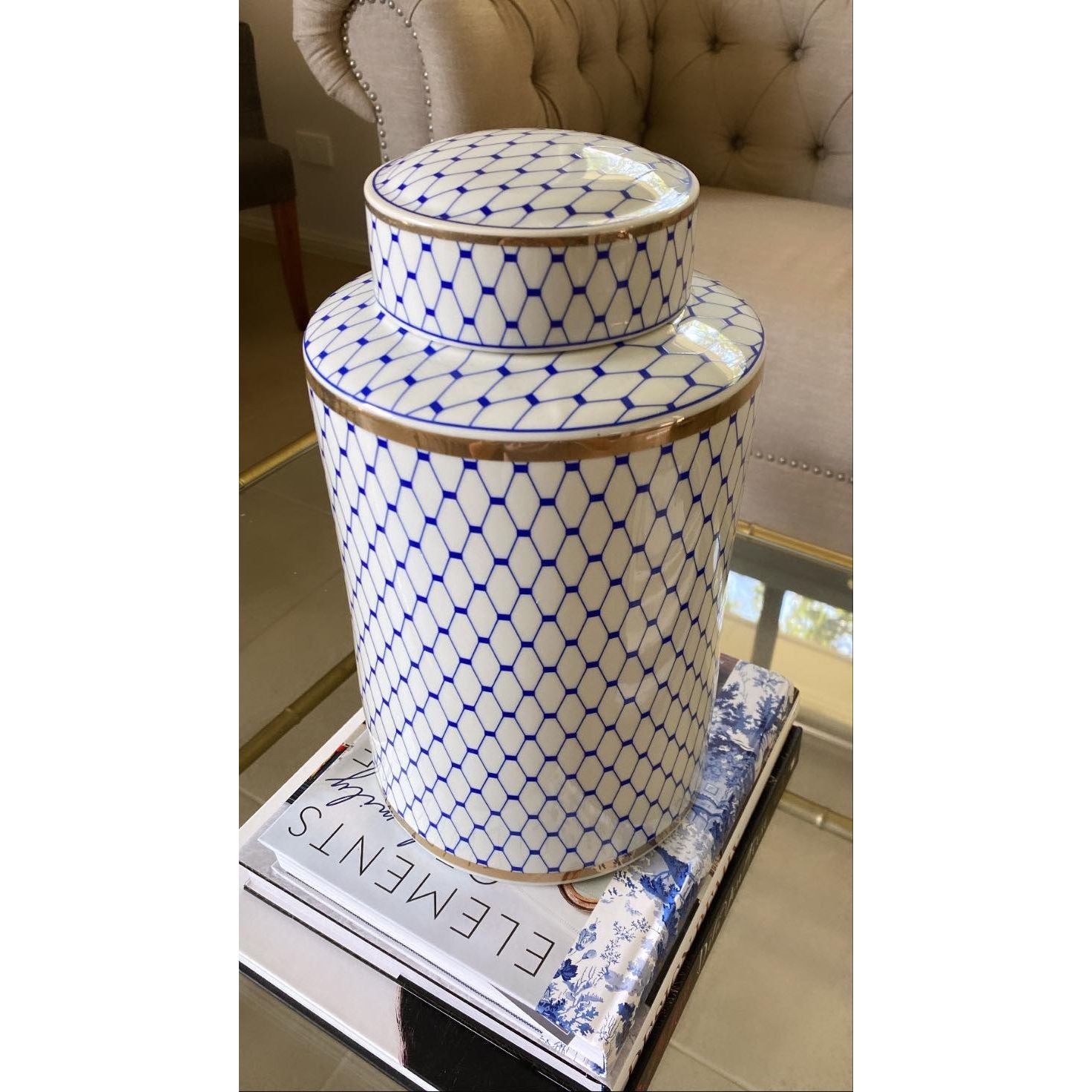 Hamptons Glam Blue/White/Gold Ceramic Ginger Jar | Ceramic Jar with Gold | Blue and White Ceramic Jar | Haus Of Bazar | Sydney