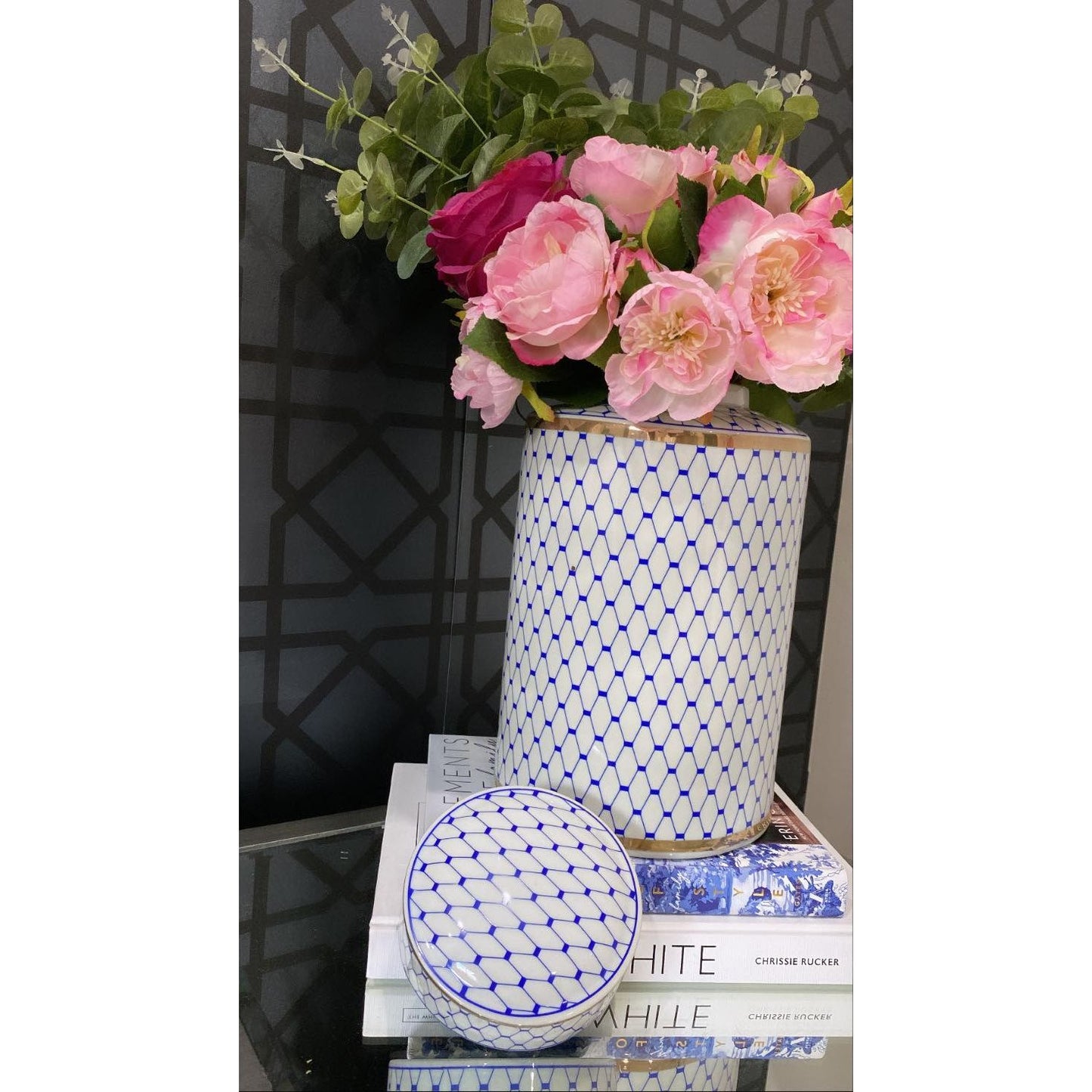 Hamptons Glam Blue/White/Gold Ceramic Ginger Jar | Ceramic Jar with Gold | Blue and White Ceramic Jar | Hamptons Ceramic Jar Staged with Florals | Haus Of Bazar | Sydney