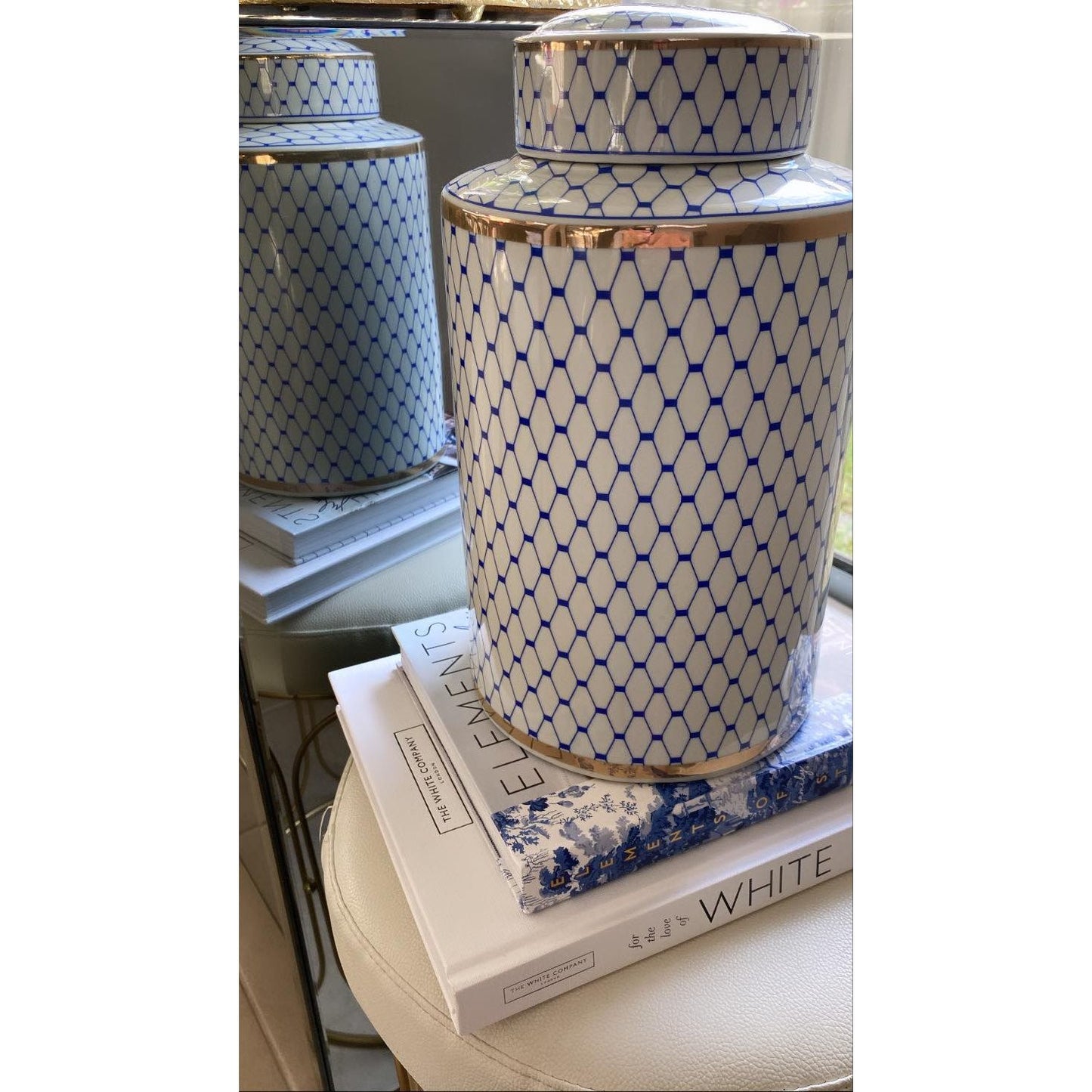 Hamptons Glam Blue/White/Gold Ceramic Ginger Jar | Ceramic Jar with Gold | Blue and White Ceramic Jar | Haus Of Bazar | Sydney