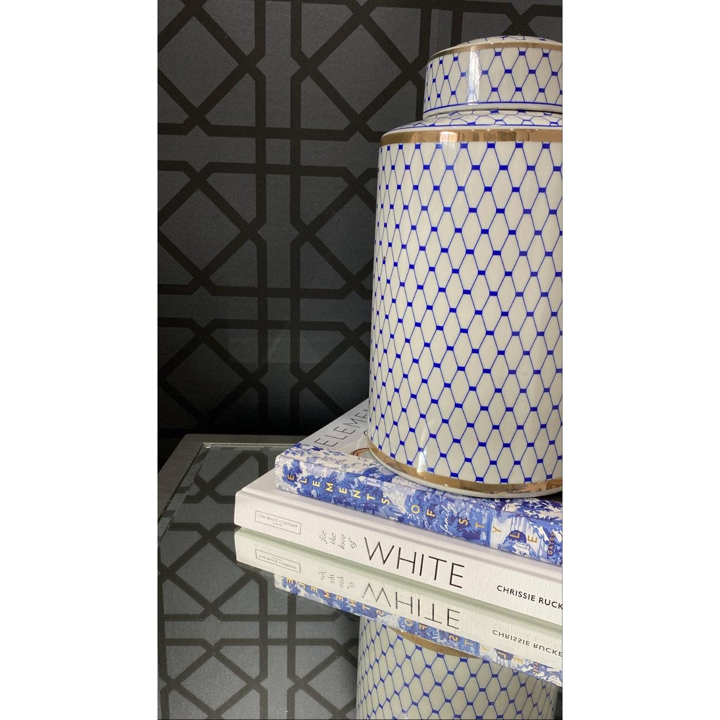 Hamptons Glam Blue/White/Gold Ceramic Ginger Jar | Ceramic Jar with Gold | Blue and White Ceramic Jar | Hamptons Ceramic Jar Staged with Books | Haus Of Bazar | Sydney