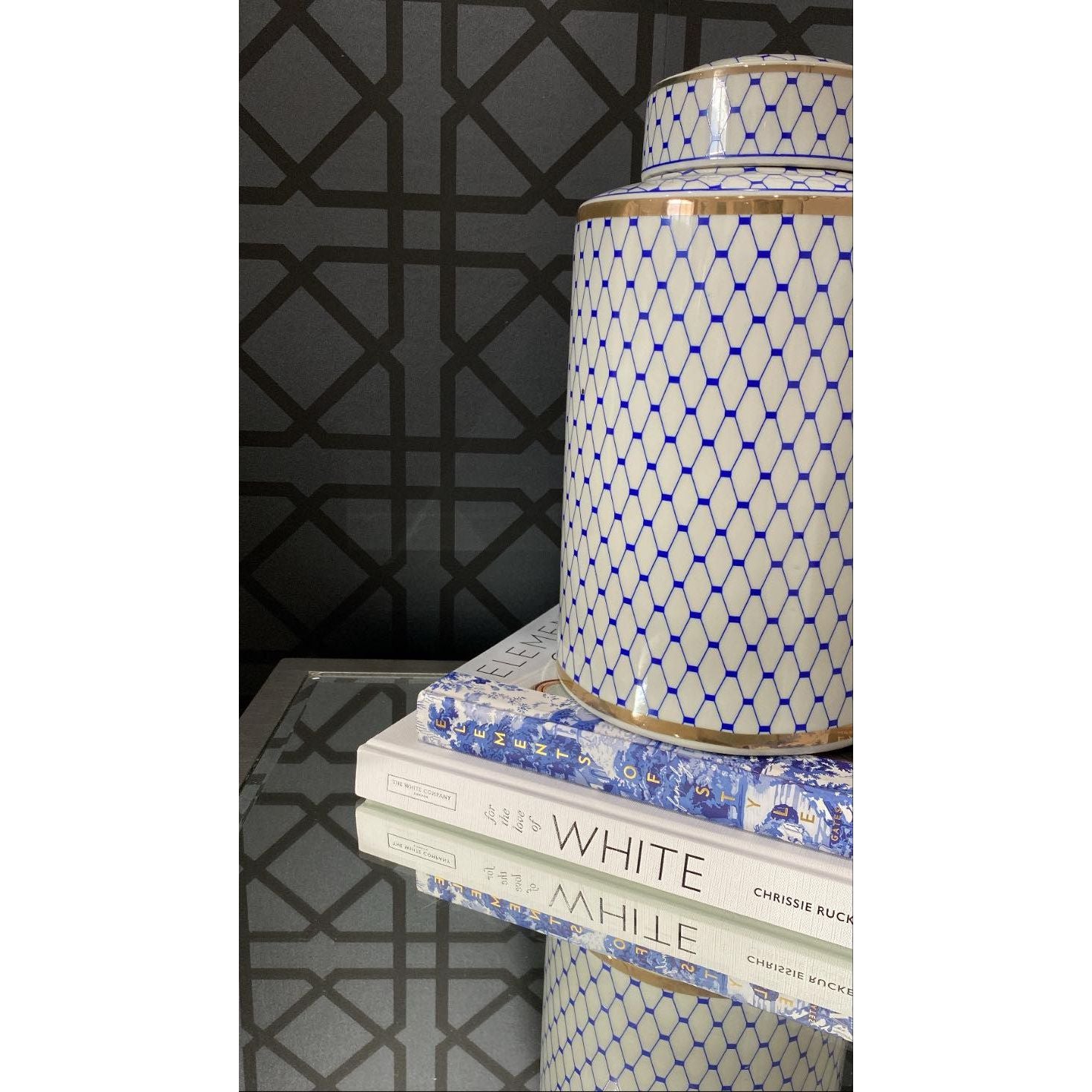 Hamptons Glam Blue/White/Gold Ceramic Ginger Jar | Ceramic Jar with Gold | Blue and White Ceramic Jar | Hamptons Ceramic Jar Staged with Books | Haus Of Bazar | Sydney