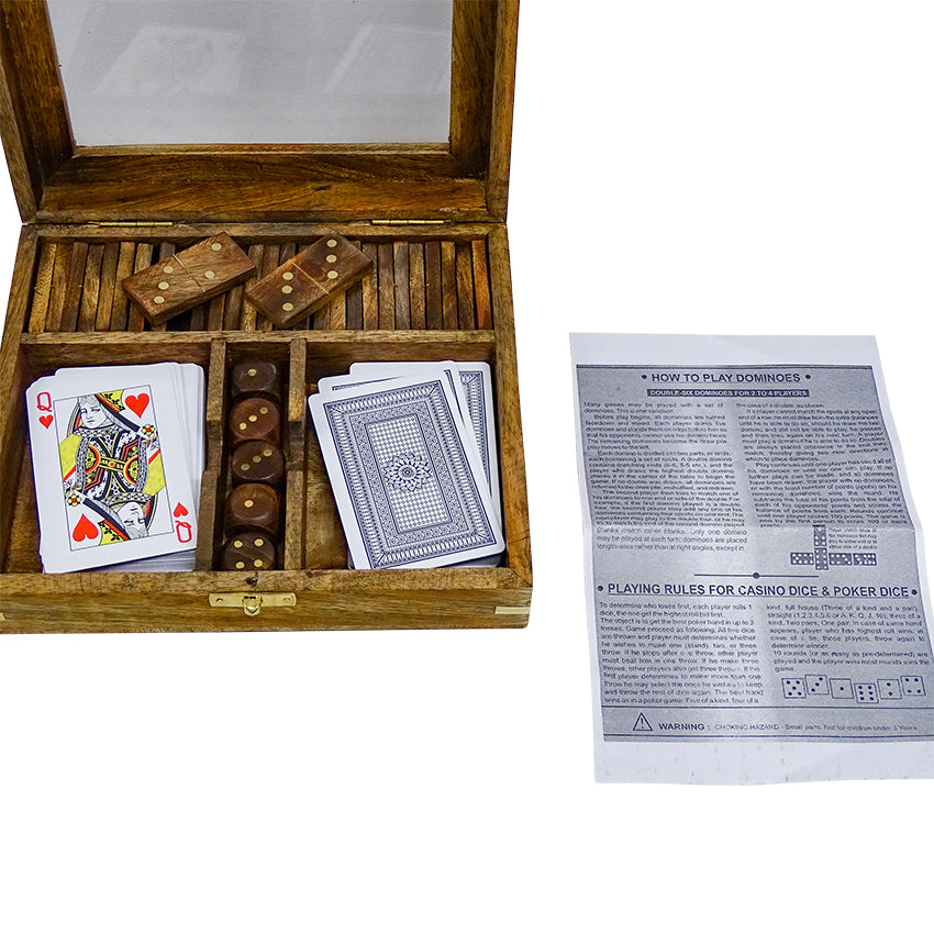 Antique Wood Carlos Game Set | Antique Wood Game Box | Wooden Game Box Dominos Playing Cards | Haus Of Bazar | Sydney