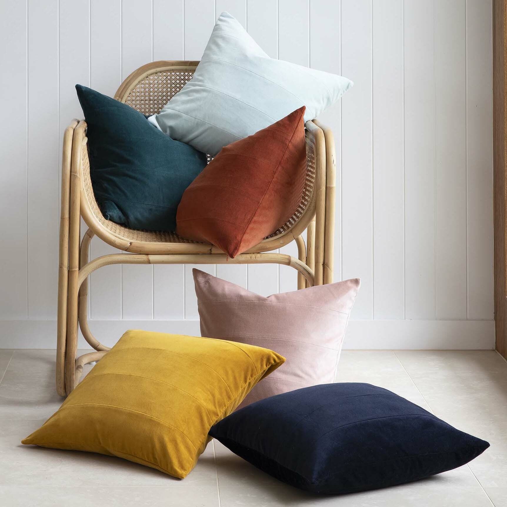Zaab Homewares London Velvet Cushion Ochre | Square Velvet Ochre Cushion | Velvet Cushion With Duck Feathers | Panelled Velvet Cushion | Zaab Velvet Cushion Set  | Haus Of Bazar | Sydney