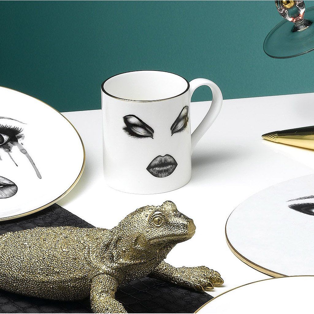 The Prima Donna Coffee Cup | White Fine China Coffee Cup With Gold Detailing | White Fine China Coffee Cup With Womans Face | Black And White Coffee Mug | The Prima Donna Coffee Cup With Matching Plate  | Haus Of Bazar | Sydney
