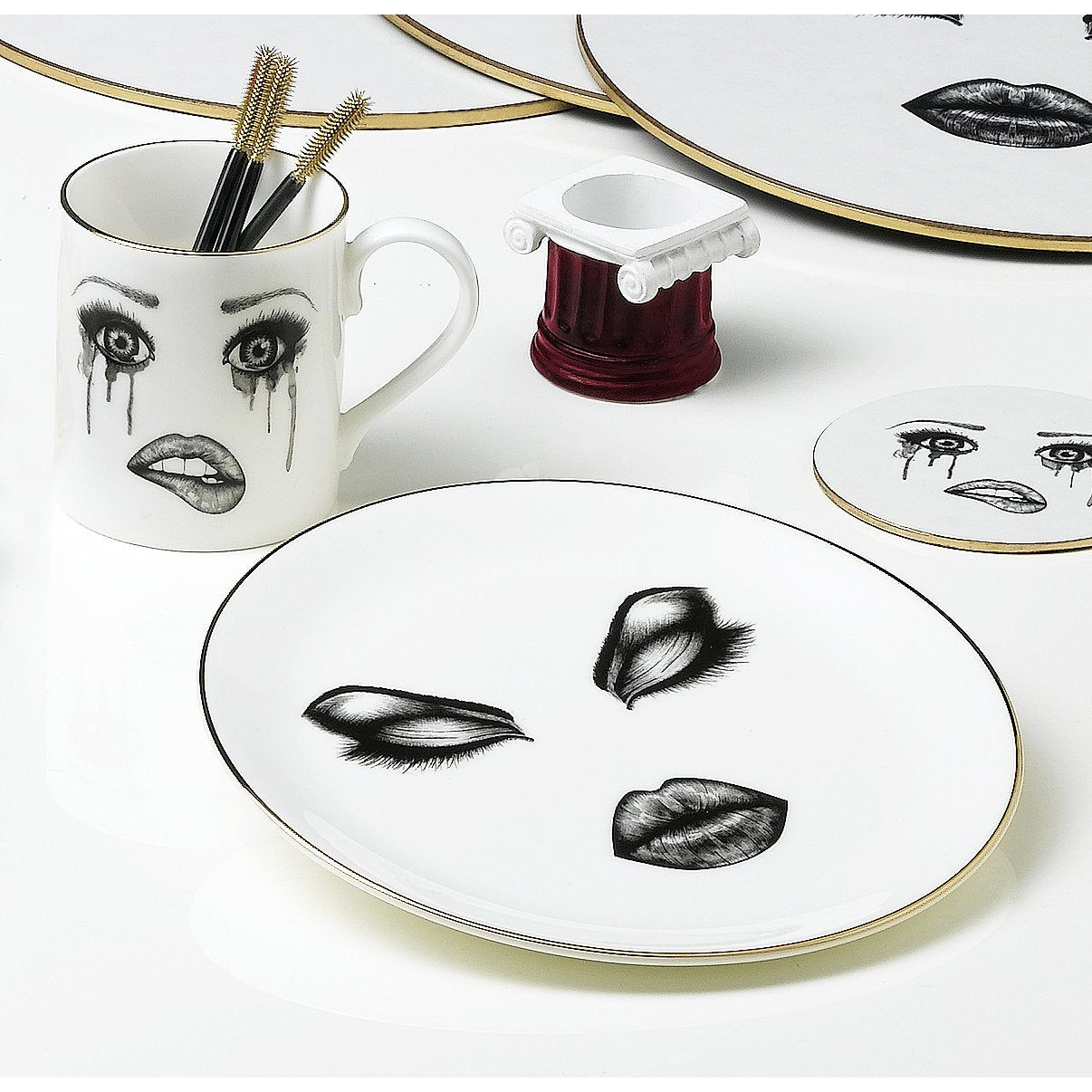 The Poet Coffee Cup | White Fine China Coffee Mug With Womans Face | White Fine China Coffee Mug With Gold Detail | White Fine China Coffee Cup With Sad Womans Face | The Poet Coffee Cup With Matching Plate  | Haus Of Bazar | Sydney