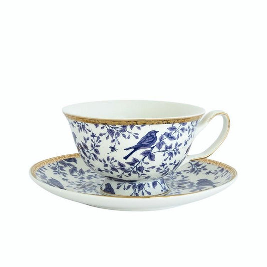 Blue And White Tea Cup And Saucer | Blue And White Tea Cup With Blue Bird Design | Blue And White Tea Cup With Gold Detailing | Haus Of Bazar | Sydney